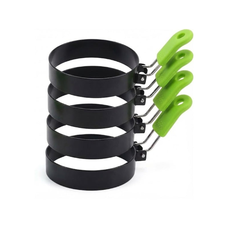 4 Pack Stainless Steel Egg Rings with Silicone-Grip Handles - BPA Free, Non-Stick - Foldable, Dishwasher-Safe Breakfast Mold