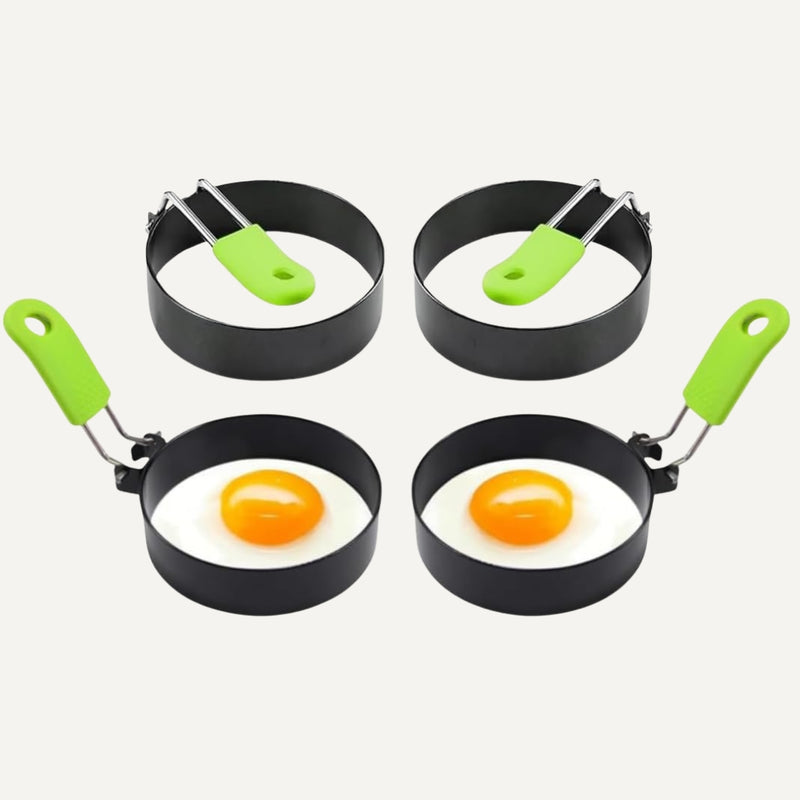 4 Pack Stainless Steel Egg Rings with Silicone-Grip Handles - BPA Free, Non-Stick - Foldable, Dishwasher-Safe Breakfast Mold