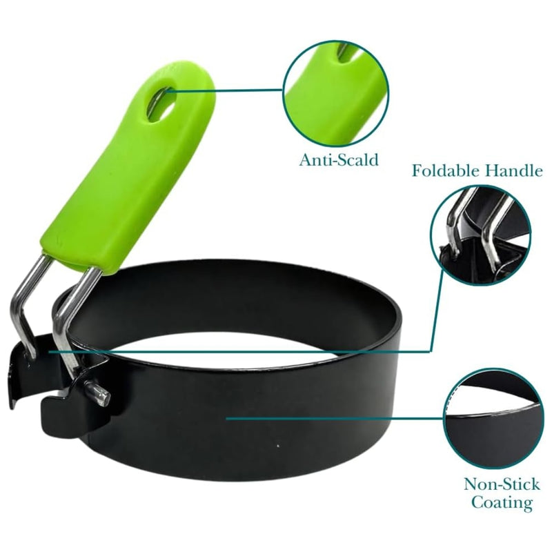 4 Pack Stainless Steel Egg Rings with Silicone-Grip Handles - BPA Free, Non-Stick - Foldable, Dishwasher-Safe Breakfast Mold