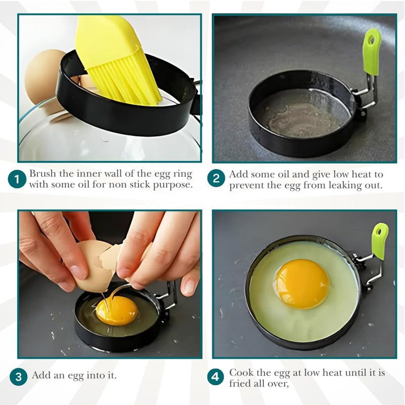 4 Pack Stainless Steel Egg Rings with Silicone-Grip Handles - BPA Free, Non-Stick - Foldable, Dishwasher-Safe Breakfast Mold