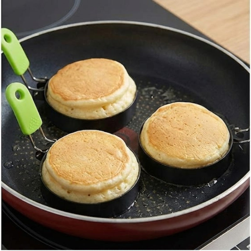 4 Pack Stainless Steel Egg Rings with Silicone-Grip Handles - BPA Free, Non-Stick - Foldable, Dishwasher-Safe Breakfast Mold