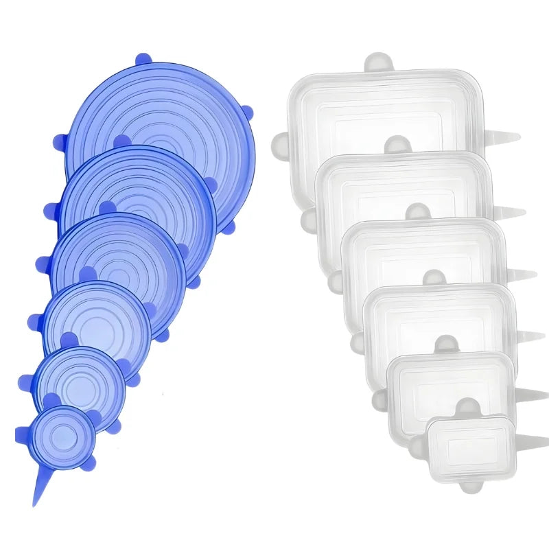 Set of blue silicone lids and white plastic containers on a white background