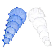 Set of blue and clear silicone stretch lids on a white background